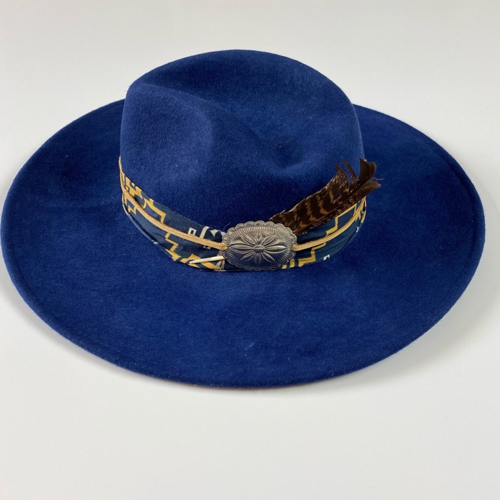 Free People Blue Boho Wide Brim Hat Feather